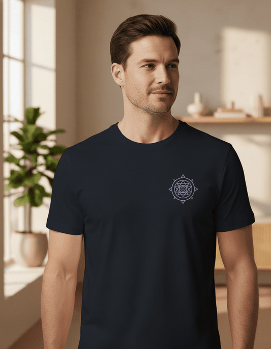 Male model wearing a Navy Blue Lilak Supima cotton T-shirt featuring a minimal lavender mandala design on the chest, standing in a softly lit modern indoor setting with natural light and decor in the background