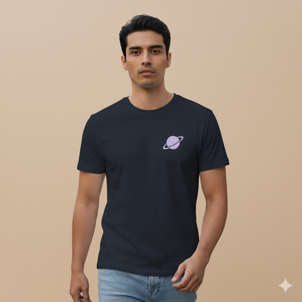 Male model walking confidently down an urban city street wearing a Navy Blue Supima cotton T-shirt by Lilak, featuring a small lavender planet graphic on the left chest