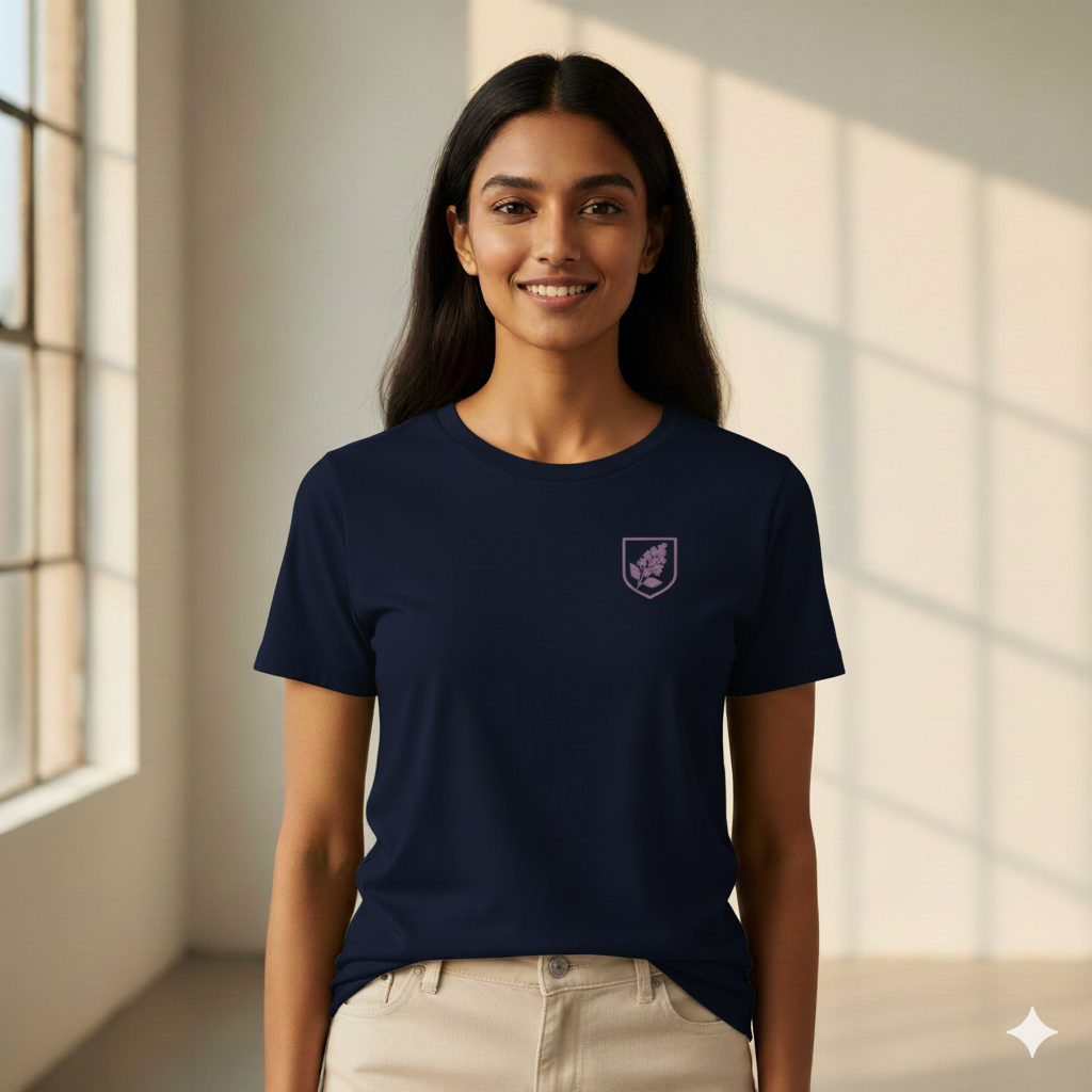 Female model wearing a Navy Blue Supima cotton T-shirt by Lilak featuring a small maroon botanical crest on the left chest, standing in a softly lit studio with large window shadows