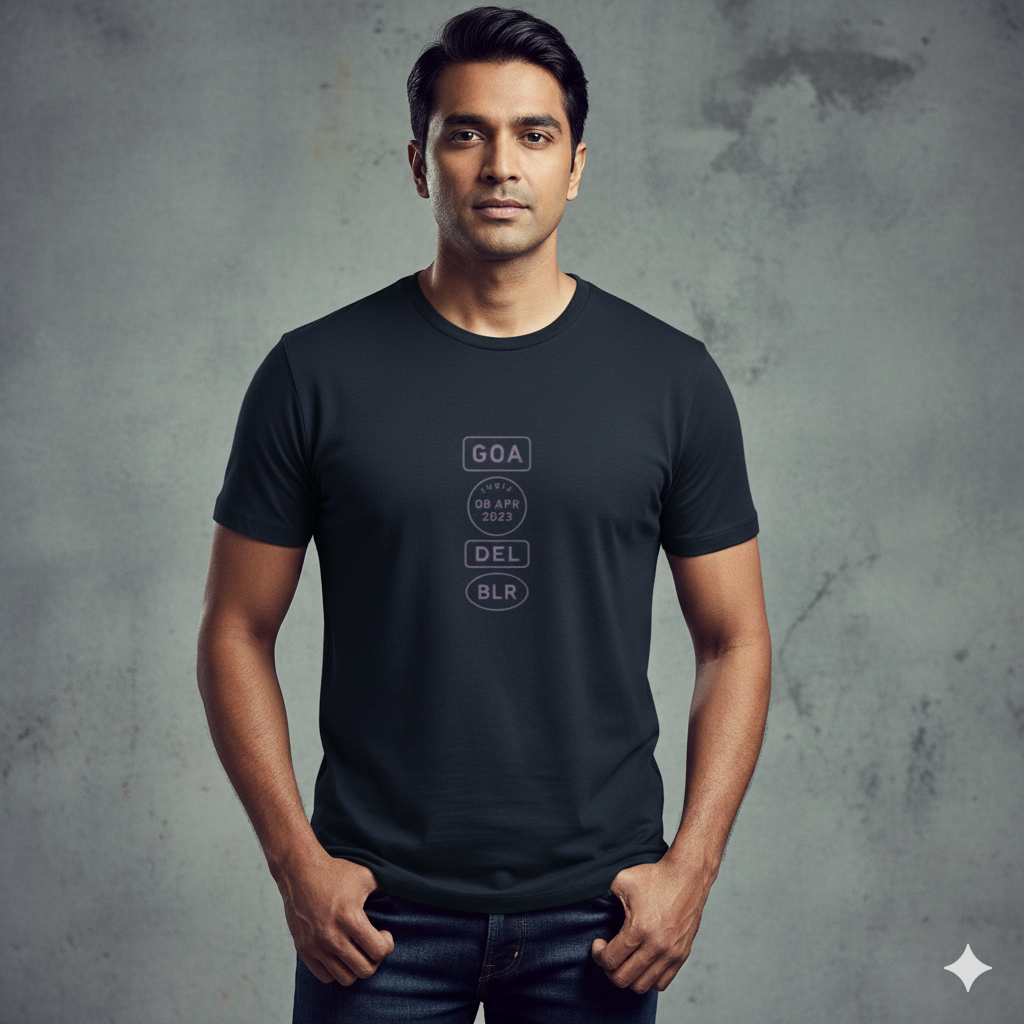 Indian male model wearing a Navy Blue Supima cotton T-shirt by Lilak, featuring a minimalistic violet travel-stamp design reading GOA, INDIA 08 APR 2023, DEL, and BLR. Model stands against a textured grey studio background