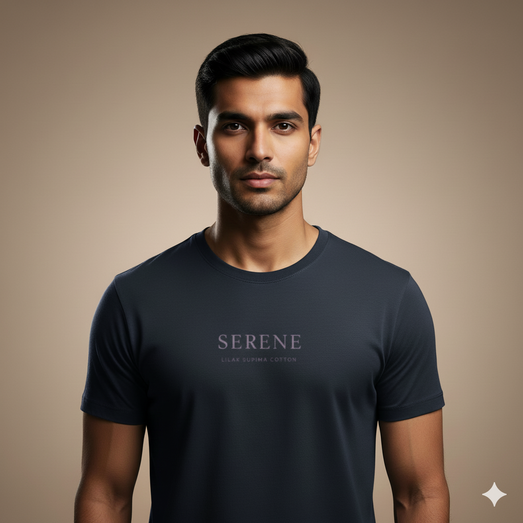 Lilak Unisex Navy Blue Supima Cotton SERENE Typography T-Shirt – Premium Minimal Tee, Soft 160 GSM Fabric