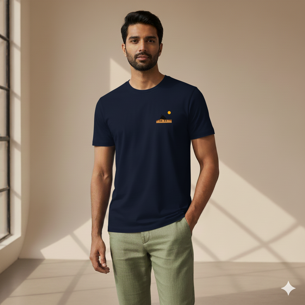 Male model standing in a softly lit studio wearing a Navy Blue Supima cotton T-shirt by Lilak, featuring a minimal sunset hut graphic on the left chest