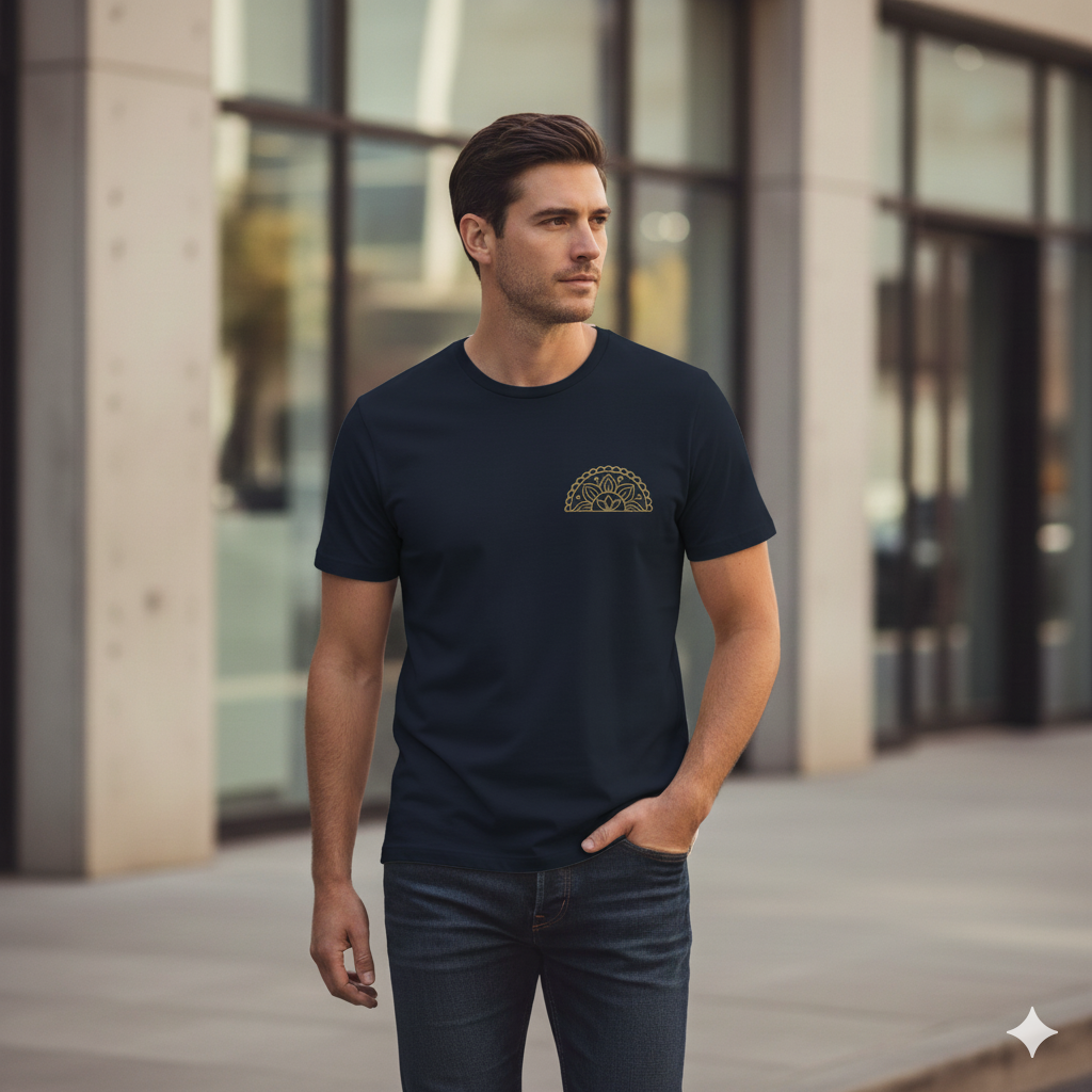 Male model wearing a Navy Blue Supima cotton Lilak T-shirt featuring a gold mandala-inspired chest graphic, walking outdoors in an urban setting with modern glass buildings in the background