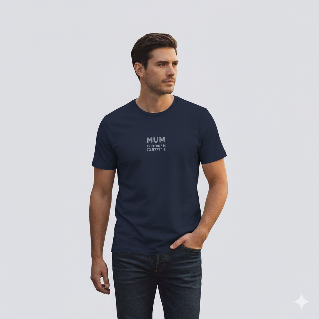 Male model wearing a Navy Blue Supima cotton T-shirt by Lilak with ‘MUM’ and Mumbai coordinates printed on the center chest, standing in a modern softly lit studio environment