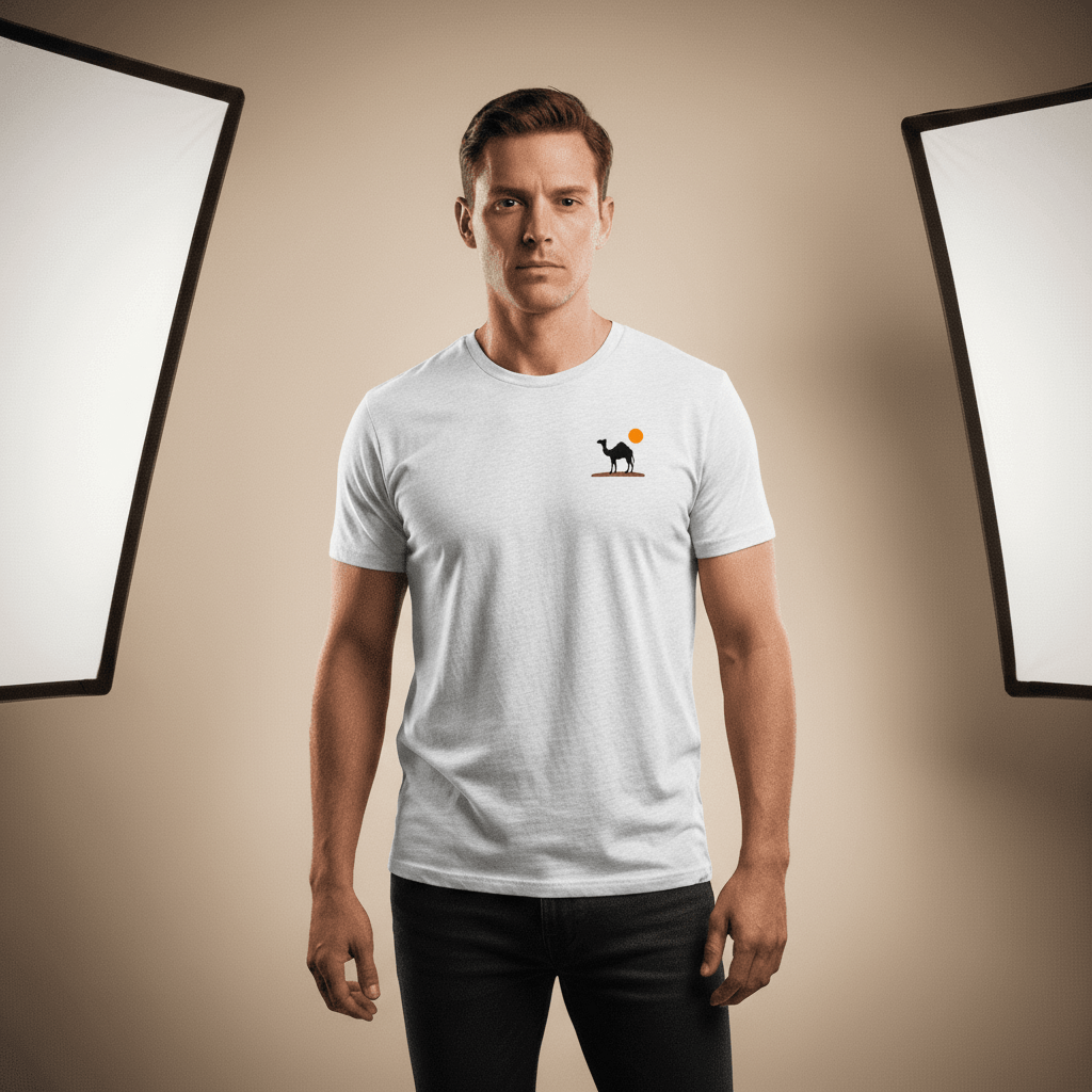 Camel Sunset Silhouette Thread-Effect Supima Cotton T-Shirt - Premium Desert-Inspired Unisex Tee