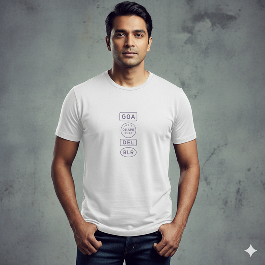 Indian male model wearing a white Supima cotton T-shirt by Lilak, featuring a minimalistic violet travel-stamp design reading GOA, INDIA 08 APR 2023, DEL, and BLR. Model stands against a textured grey studio background