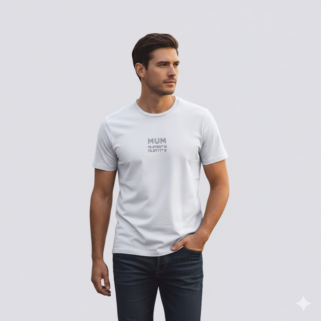 Male model wearing a White Supima cotton T-shirt by Lilak with ‘MUM’ and Mumbai coordinates printed on the center chest, standing in a modern softly lit studio environment