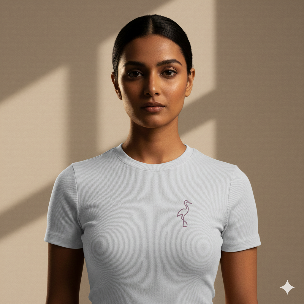 Lilak Unisex White Supima Cotton T-Shirt – Minimal Crane Thread Effect Design, Premium Regular Fit Tee