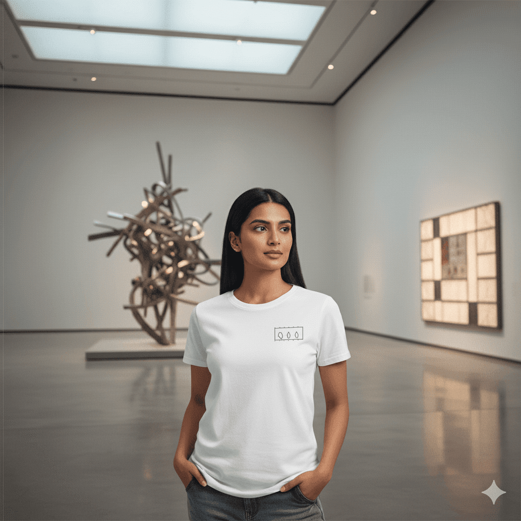 Woman standing inside a modern art museum wearing a White Supima cotton T-shirt by Lilak, featuring a minimal geometric design on the left chest