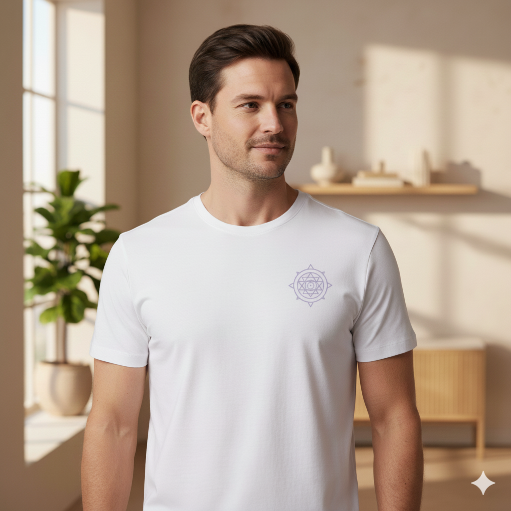 Male model wearing a White Lilak Supima cotton T-shirt featuring a minimal lavender mandala design on the chest, standing in a softly lit modern indoor setting with natural light and decor in the background