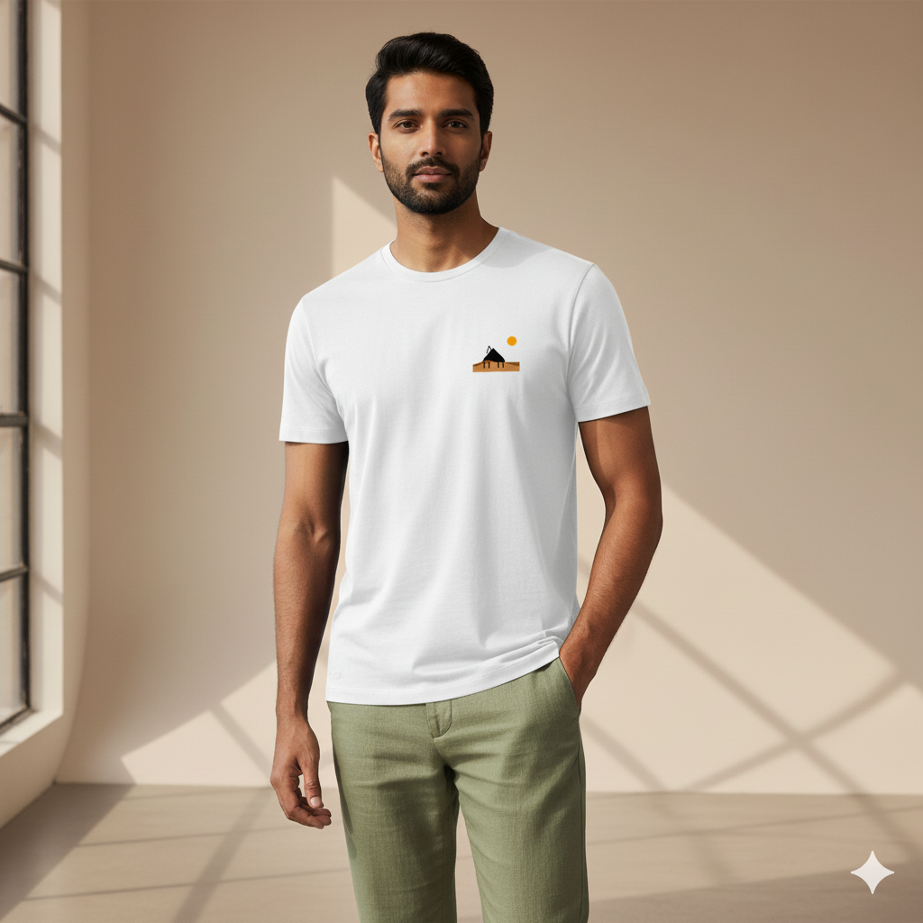Male model standing in a softly lit studio wearing a White Supima cotton T-shirt by Lilak, featuring a minimal sunset hut graphic on the left chest