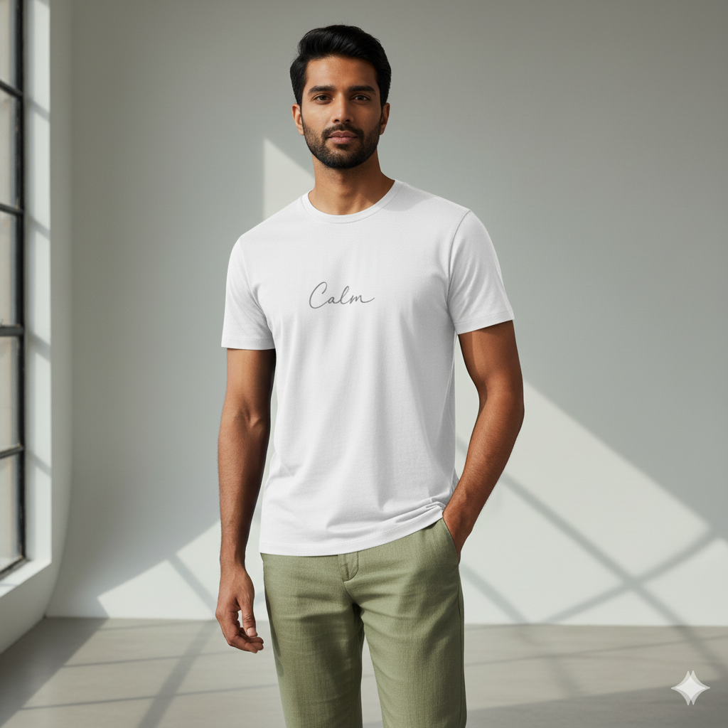 Lilak Unisex Supima Cotton White CALM Script T-Shirt – Premium Minimal Typography Tee, 160 GSM