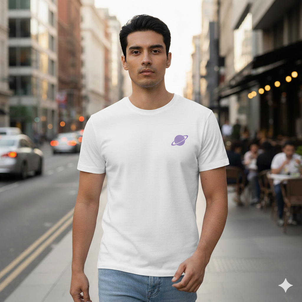 Male model walking confidently down an urban city street wearing a White Supima cotton T-shirt by Lilak, featuring a small lavender planet graphic on the left chest