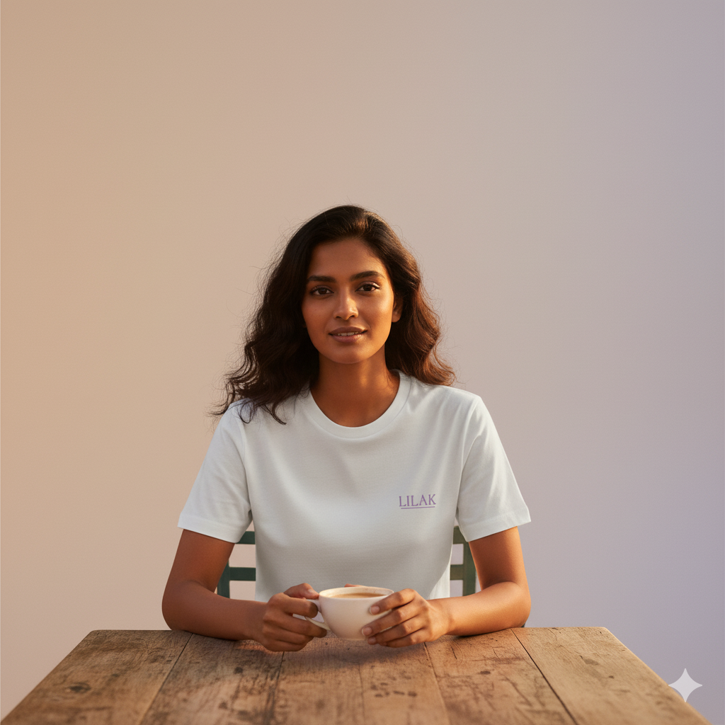 Female model sitting at a wooden table holding a cup of coffee, wearing a white Supima cotton Lilak T-shirt with a minimal ‘LILAK’ logo on the left chest, photographed in warm, soft studio lighting