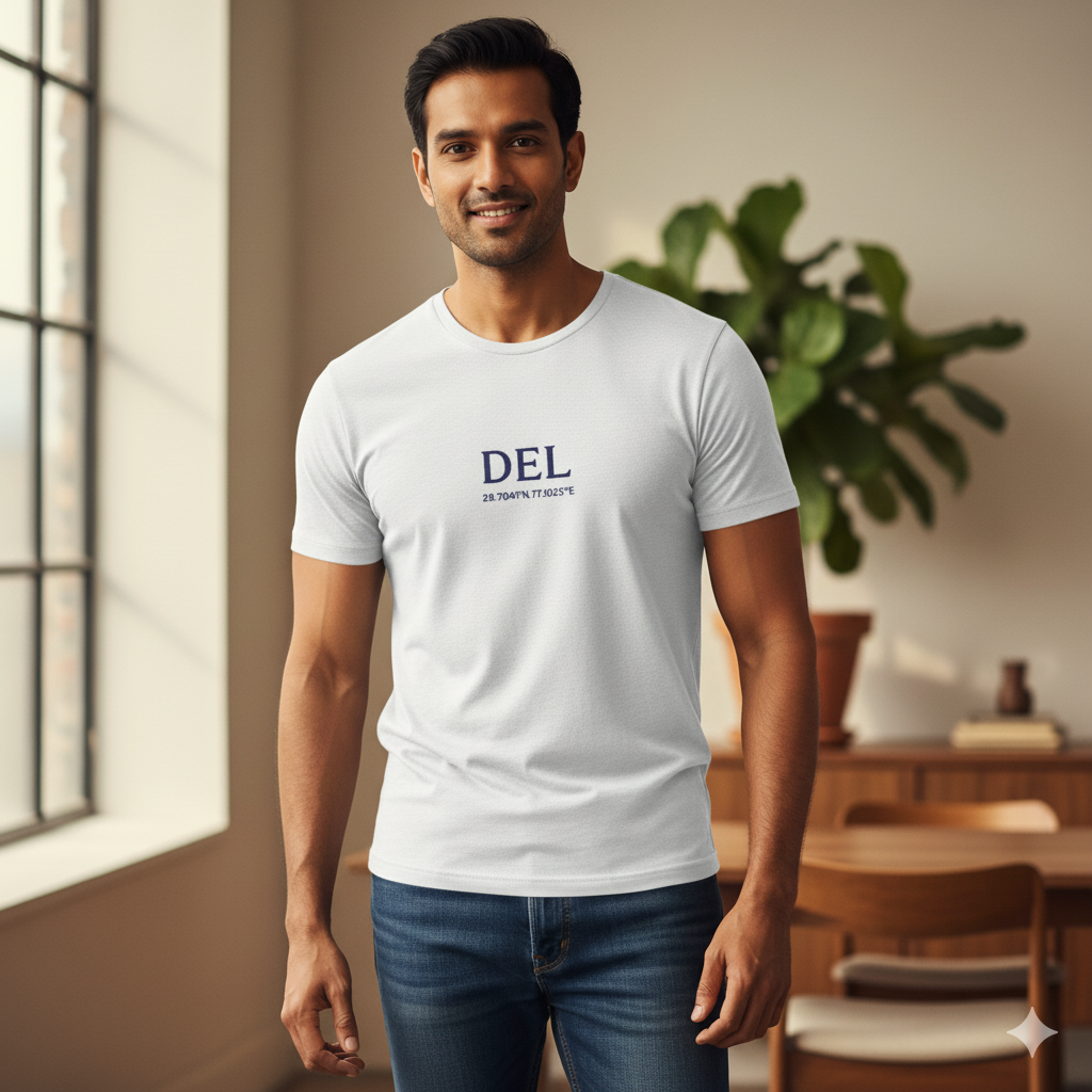 Male model standing indoors wearing a White Lilak Supima cotton T-shirt with ‘DEL’ and geographic coordinates printed on the chest, photographed in soft natural light with a plant and wooden furniture in the background