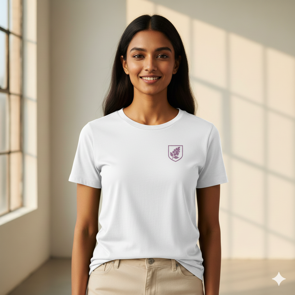 Female model wearing a White Supima cotton T-shirt by Lilak featuring a small maroon botanical crest on the left chest, standing in a softly lit studio with large window shadows